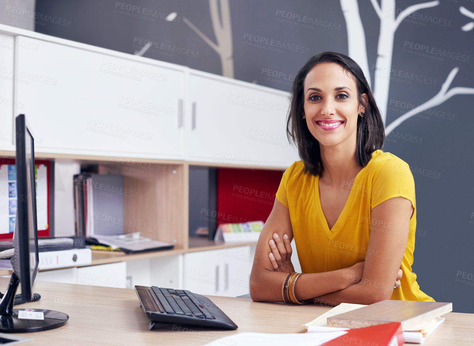 Buy stock photo Portrait, businesswoman and clerk in office with computer, administration and filing system. Workplace, female person and secretary with smile for schedule email, organization tasks and confidence