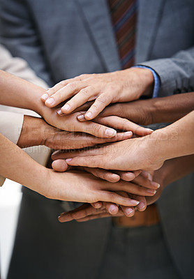 Buy stock photo Hand, teamwork and business people in support with solidarity, collaboration and partnership trust closeup. Team building, community and employees zoom with diversity, commitment and goal motivation