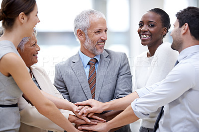 Buy stock photo Business people, portrait and hands together for teamwork, cooperation and solidarity. Group, excited and community huddle of employees for support, mission and collaboration for goals in partnership