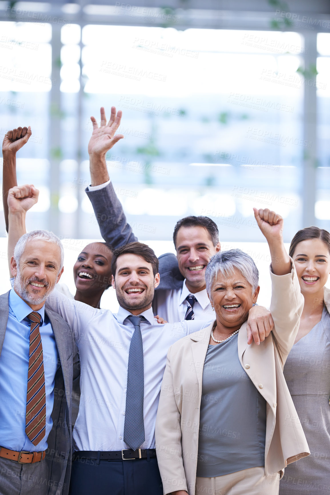 Buy stock photo Happy business people, portrait or cheers for goals with collaboration target, success or teamwork. Hands up, profit bonus or excited employees winning in corporate with group, welcome or achievement