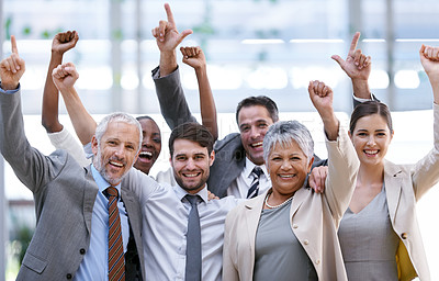 Buy stock photo Happy business people, portrait or cheers for winning with collaboration target, success or teamwork. Hands up, profit bonus or excited employees in corporate with group, welcome or goal achievement