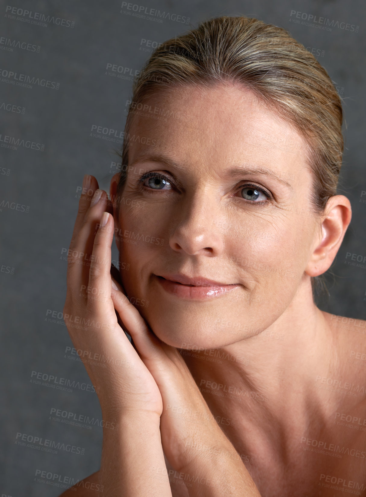 Buy stock photo Face, beauty and memory with mature woman in studio on gray background for aesthetic wellness. Skincare, thinking and relax with natural skin person at spa for antiaging cosmetics or treatment