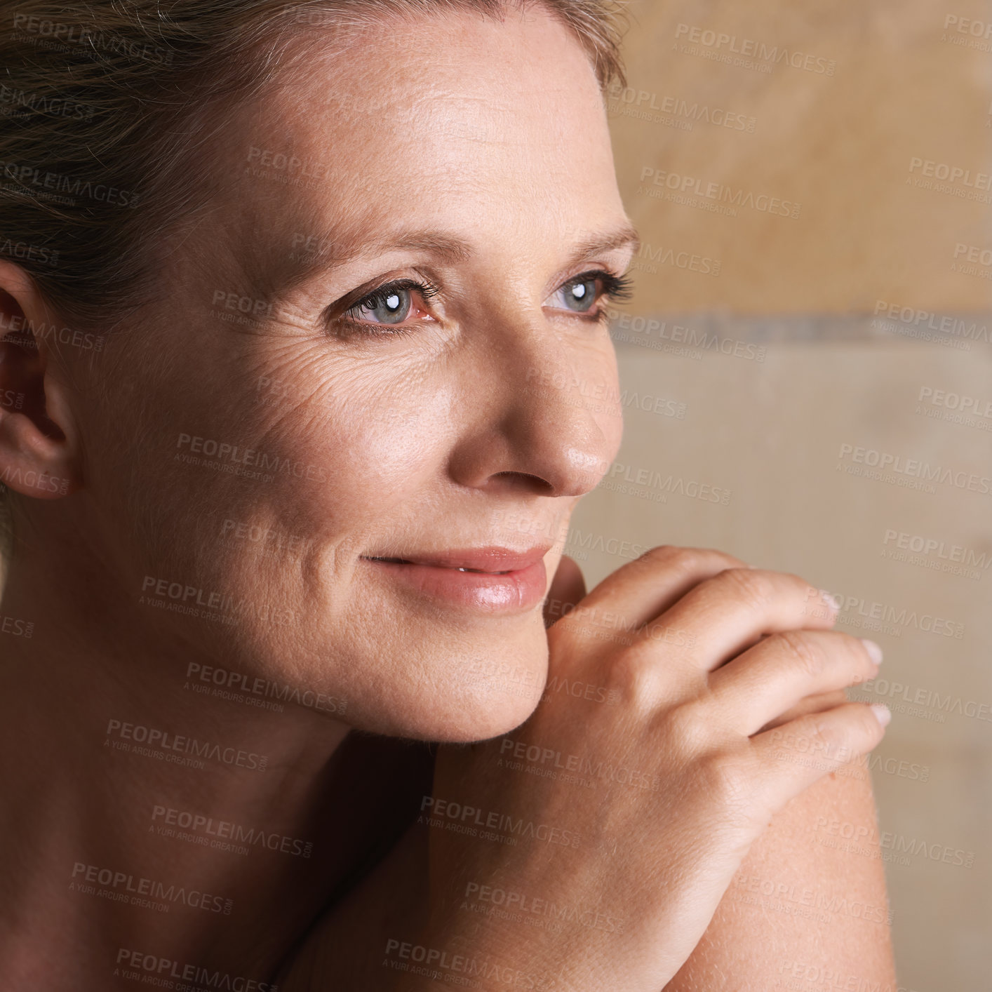 Buy stock photo Person, mature and smile with skincare, treatment and cosmetic for confidence. Senior, woman and proud with natural glow, satisfaction and elegance with happiness and self care in bathroom or home