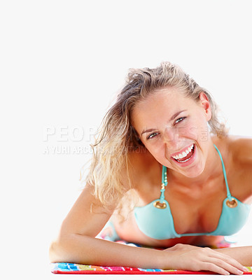 Buy stock photo Summer, travel and bikini with portrait of woman on towel for swimming, relax and vacation. Tropical, happy and holiday with face of person and sunbathing for outdoor,  peace and swimwear mockup 