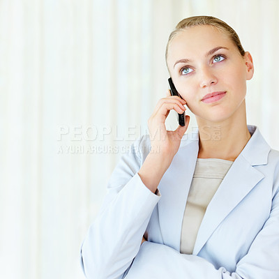 Buy stock photo Young pretty business woman speaking over the cellphone