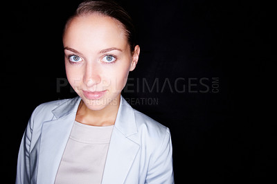 Buy stock photo Lovely young business woman smiling against a black background , room to paste your text