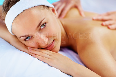 Buy stock photo Spa, massage and woman portrait with beauty therapist hands for back care with wellness and health. Resort, masseuse table and calm female person with zen and pamper treatment for relax and relief