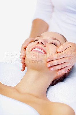 Buy stock photo Happy woman, spa and face massage with therapist for wellness, holistic therapy or reiki in studio on white background. Beauty, skincare or client for facial acupressure, treatment or healing service