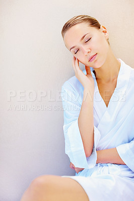 Buy stock photo Skincare, aesthetic and spa with a young woman on a wall background for wellness or natural treatment. Relax, beauty and cosmetics with a person at the salon for dermatology or self care on space