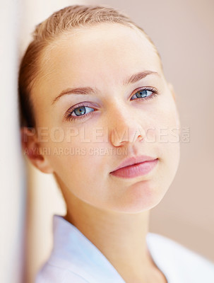Buy stock photo Portrait, skincare and beauty with a young woman on a wall background for wellness or natural treatment. Face, relax and aesthetic with a person at the spa or salon for dermatology or self care