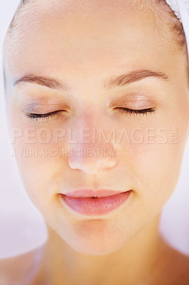 Buy stock photo Face, skincare and wellness with a woman at the spa closeup for natural or aesthetic treatment. Beauty, facial or eyes closed and a young customer at the salon to relax with luxury cosmetics