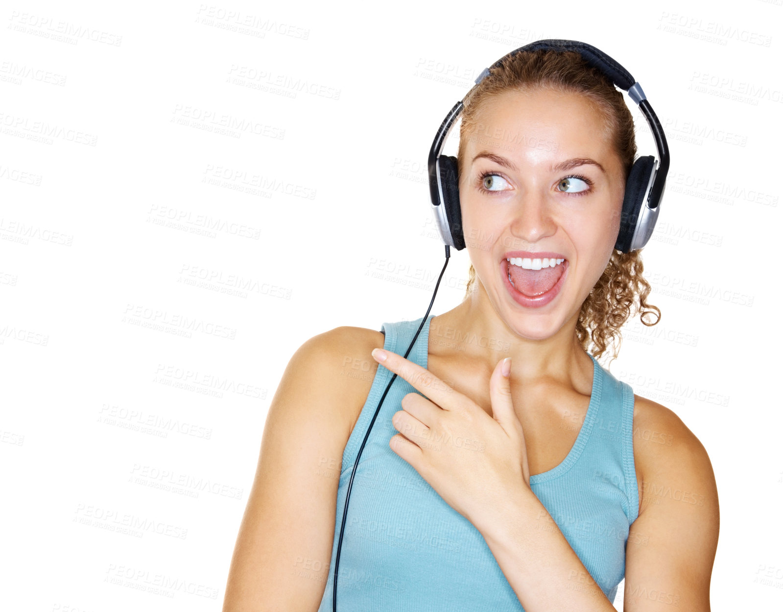 Buy stock photo Young excited female teenage enjoying to music over headphones , white background