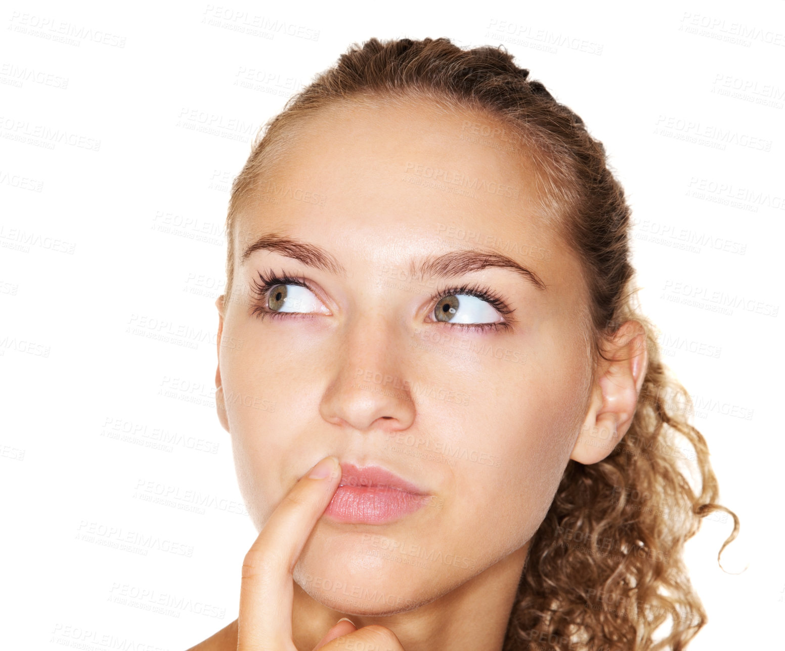 Buy stock photo Closeup portrait of a thoughtful young woman isolated against white