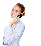 Happy female business executive talking over phone on white