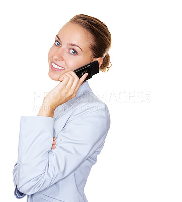 Buy stock photo Cute young business woman speaking on the mobile phone , white background