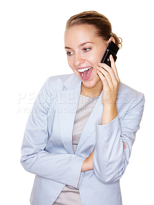 Buy stock photo Young business woman enjoying a conversation over the cellphone on white