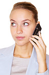 Closeup of a cute business woman using a mobile on white