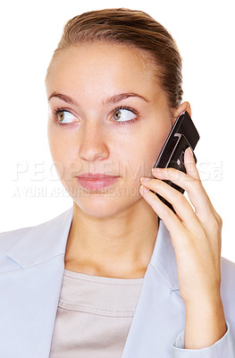 Buy stock photo Closeup portrait of a pretty young business woman speaking over the cellphone