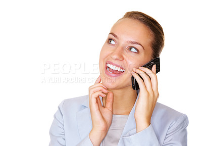 Buy stock photo Happy young business woman having a conversation on cellphone isolated on white