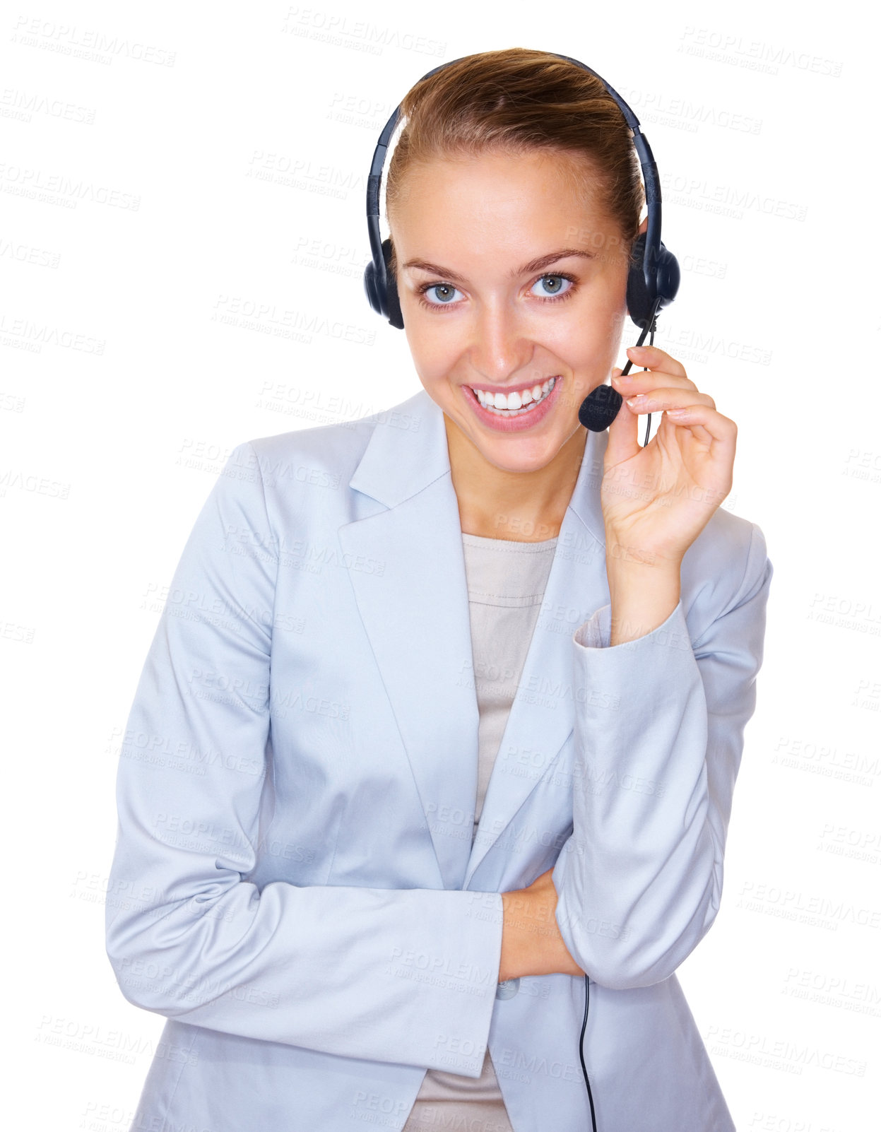 Buy stock photo Portrait, headset and happy woman in studio as call center representative, contact us or support. Smile, person or customer care agent with mic for virtual assistance, help or crm on white background