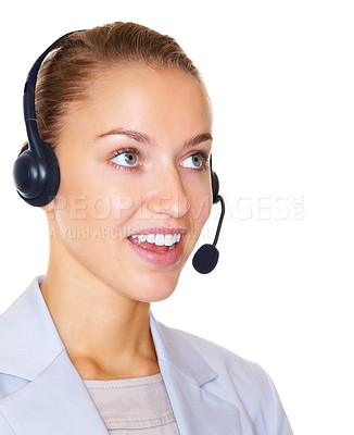 Buy stock photo Smiling female call center employee using a headset while isolated on white