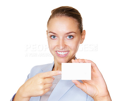 Buy stock photo Smiling business woman pointing out at a blank placard , isolated on white