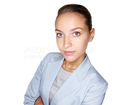 Buy stock photo Young elegant business woman standing confidently against white background