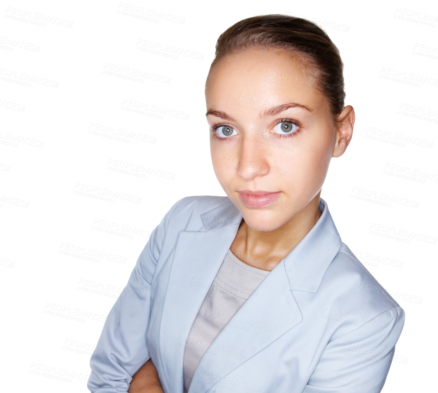 Buy stock photo Young elegant business woman standing confidently against white background