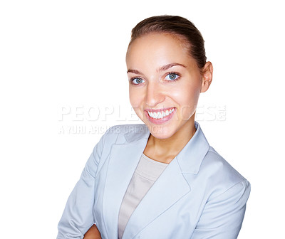 Buy stock photo Smiling young business woman with hands folded against white background