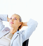 Cute day dreaming business woman sitting relaxed on white