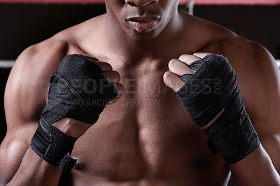 Buy stock photo Cropped image of African American male boxer ready to fight