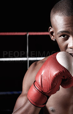 Buy stock photo Cropped image of African American male boxer with boxing gloves