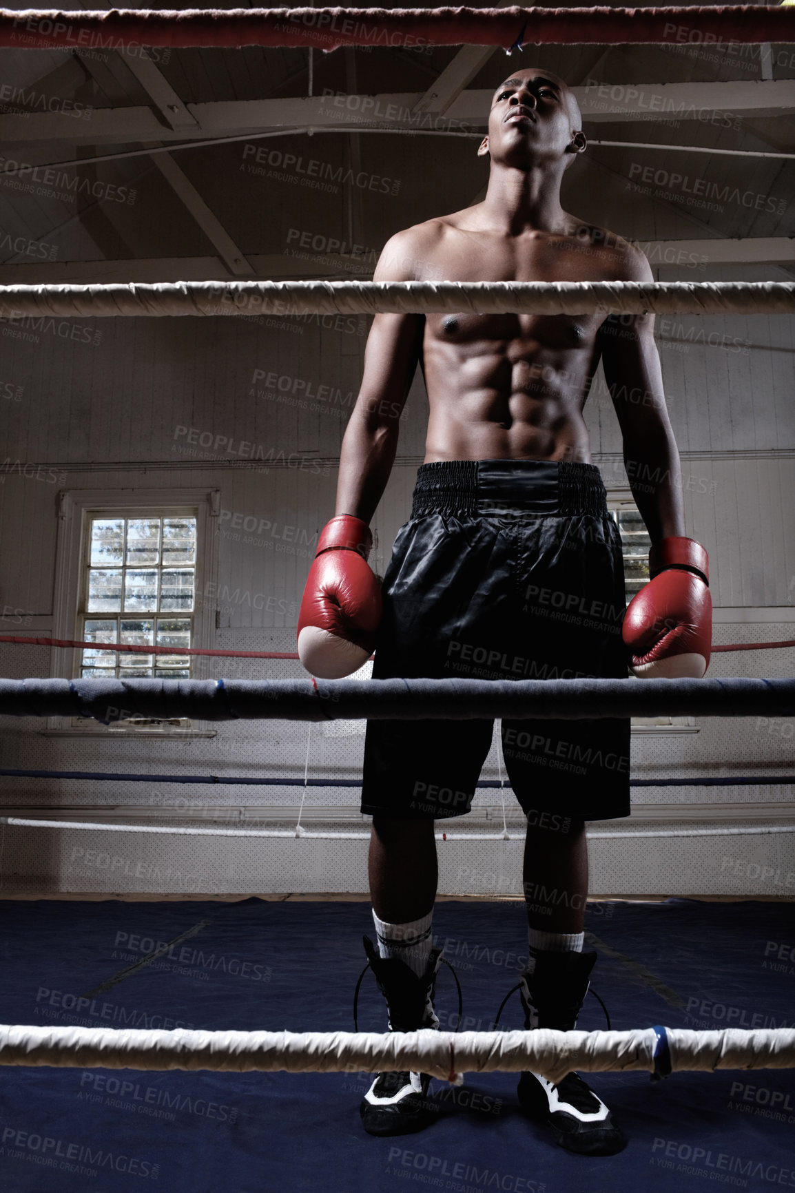 Buy stock photo Full length of muscular African American male boxer standing in ring looking away