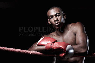 Buy stock photo Portrait of strong well built boxer poses with gloves