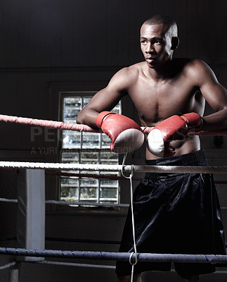 Buy stock photo Strong well built boxer poses with gloves looking away