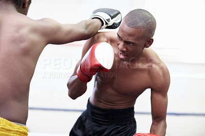 Buy stock photo Two African American male boxers fighting in ring