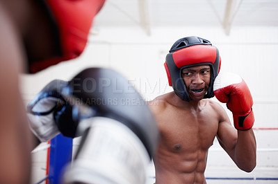 Buy stock photo Two African American muscular male athletics boxing