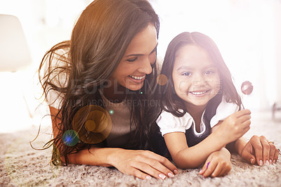 Buy stock photo Happy, relax and portrait of mother and child on floor for bonding, relationship and flare in morning. Family, home and mom with young girl in living room for fun, childhood and weekend together