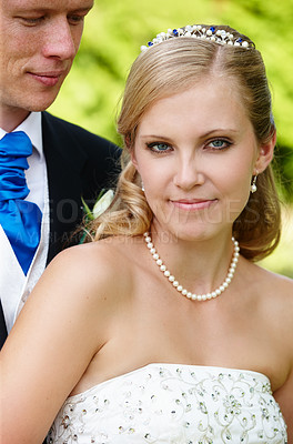 Buy stock photo Cropped shot of a bride and groom on their wedding day