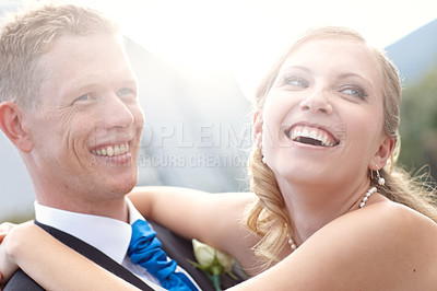 Buy stock photo Cropped shot of a bride and groom on their wedding day