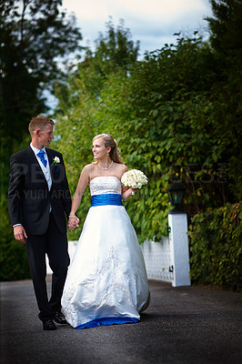 Buy stock photo Full length shot of a bride and groom on their wedding day