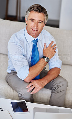 Buy stock photo Business man, portrait and happy on sofa for remote work, research and communication with tablet. Mature executive, face and smile on couch in home for networking, email and development with laptop