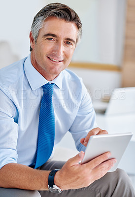 Buy stock photo Executive, portrait and tablet for business research, networking and communication with smile in office. Mature man, tech and happy on couch in workplace for report, project or development with email