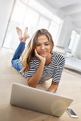 Buy stock photo Student, woman and home floor with laptop, searching and assignment on weekend break with internet connection. Elearning, app and learning with information or typing notes, project and technology