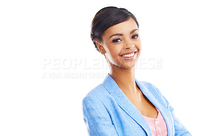 Buy stock photo Girl, fashion and studio portrait with space, mock up and smile with confidence by white background. Woman, Indian person and model with trendy blue jacket, happy and clothes with promotion in Mumbai