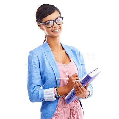 Buy stock photo Girl, fashion student and books with portrait in studio for learning, research or glasses by white background. Woman, Indian person and model with textbook, information or happy for college education