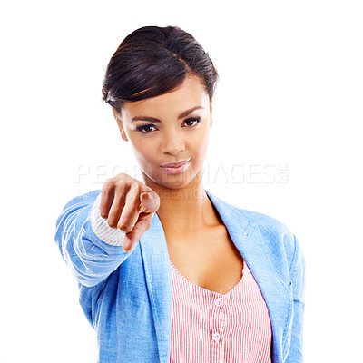 Buy stock photo Portrait, girl and hand pointing at you in studio for vote, decision or accountability on white background. Student face with emoji finger for fashion donation, motivation or encourage charity choice
