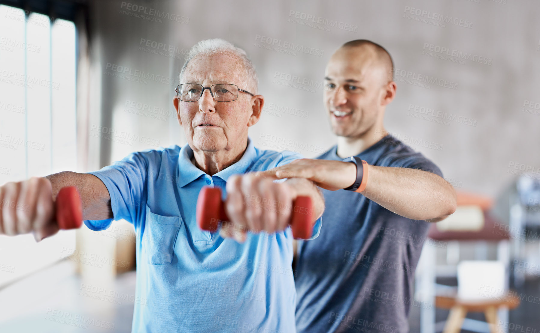Buy stock photo Physiotherapist, senior man and rehabilitation with dumbbells, fitness and exercise for recovery, help and training. Mature male person, client or employee with equipment, physical therapy and health