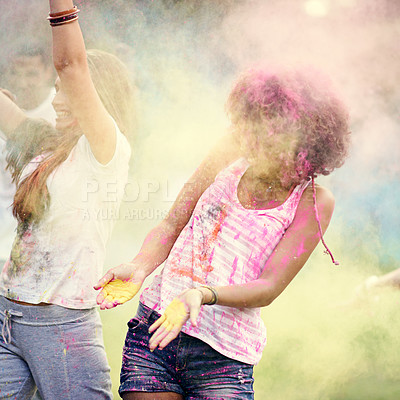 Buy stock photo Happy, powder paint and fun with friends outdoor with Holi festival and colorful event with smile. Celebration, love and excited in nature with African people and crazy color dust for party together