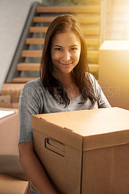 Buy stock photo Woman, packing and boxes with portrait from delivery, carry or moving for new real estate and property. Cardboard, shipping and smile and happy homeowner with package and parcel by house stairs